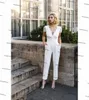 Modern Gelin Dantel Krep Düğün Tulum Elbise V Boyun Cap Sleeve Bohemian Ülke Gelin Kıyafeti Pantolon Suit