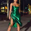 Lato Sexy Party Kobiety Satin Slip Spaghetti Pasek Split Silk Krótki rozcięcie sukienka 210415