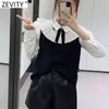 Women Sweet Bow Decoration Black White Patchwork Smock Blouse Office Ladies Pleated Casual Shirts Chic Blusas Tops LS7418 210420