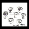 Band Jewelryvintage Purple Crystal Hollow Flower Midi Finger Rings Set 7Pc Mix Style Antique Sier Knuckle Fashion Stacking Ring Haldway Fine