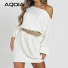 Winter Casual Off Shoulder Loose Short Dress Women Party Club Long Sleeve Sweater Knitted White Sexy Woman Mini 210521