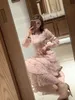 Старинные весенние женщины кружева вышивка сладкие оборками слоистые MIDI длинное платье элегантная принцесса вечеринка праздничное платье Vestidos 210514