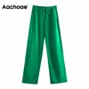 Aachoae kobiety szerokie spodnie nogi zielone dorywczo długie spodnie mody vintage wysokiej ulicy dama pantalon 210925
