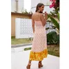 Foridol Floral Print Bohemian Long Dress Dames Spaghetti Riem Onregelmatige Maxi Geel Strandjurk V-hals Katoen Zomerjurk 210415