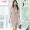 Automne et hiver costume col taille minceur double boutonnage fendu robe de hanche femmes bureau dame genou-longueur 210416