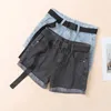 Primavera verão mulheres retrô denim azul shorts com cinto casual perna larga feminina solta jeans de cintura alta 210430