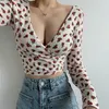 Spring and summer floral long sleeve T-shirt women's cross tie deep V top sexy charming feminine clothes 210604