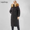 Lagabogy Frauen Winter 90% Weiße Ente Unten Mantel Lange Parka Weibliche Mit Kapuze Wasserdichte Dicke Puffer Jacke Große Echte Waschbären pelz 211221