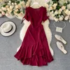Vintage Women Irregular Midi Dress Sexy V-neck Short Sleeve High Waist Ruffles Pink/Red/Purple Dresses Fashion Vestidos 210426