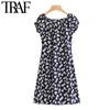 Traf Women Chic Fashion Floral Print Lace-Up Mini Dress Vintage Slash Neck Side Zipper Vrouwelijke jurken Vestidos Mujer 210415