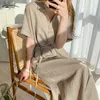 Spring Summer Single-Breasted Lace-Up Short Sleeve Female Dress Simple Casual Loose Lapel Women Shirt Robe Femme 9948 210427