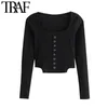 Women Fashion With Buttons Cropped Knitted Blouses Vintage Square Collar Long Sleeve Female Shirts Chic Tops 210507