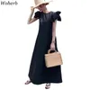 Sommar Casual Ladies Klänningar O-Neck Flyga Ärm Kvinna A-Line Black Lång Klänning Elegant Kvinnor Vestidos Solid Robe 210519