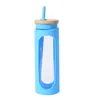 Banque d'eau en verre Tumble Silicone Silicone Couvercles de bambou Café glacé Bouteille Réutilisable 550ml