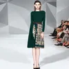 Moda di alta qualità elegante abito pieghettato lavorato a maglia manica lunga donna etnica stampa retrò pista vestido 210520