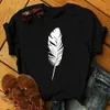 Zogankin mode casual o-neck dames toppar tee sommar vit fjäder svart t-shirt kvinnor hajuku grafi tryckt tee femme x0527