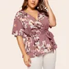 Kadın Bluzlar ve Gömlek 2021 Derin V Yaka Çiçek Baskılı Tunik Gömlek Bandaj Büyük Boy L-5XL Gevşek Bluz Camisa #s X0521 Tops