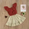 2-7y Lato Vintage Kwiat Kid Baby Girl Ubrania Zestaw Ruffles Off Ramię Topy Kwiatowe Spódnice Boho Stroje Kostiumy Dziecko 210515