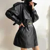 Vår Höst Trench Pu Jacka Fashion Belt Causal Lapel Windbreaker Kvinna Overcoat Toppar Ytterkläder 210608