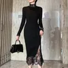 Spring Lace Patchwork Knitted Sweater Dress Women Korean Elegant Party Long Dresses Sleeve Black Vestidos Robe Femme 210514