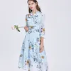 Floral Women Midi Three Quarter Sleeve Dress Bohemian A-Line Bowknot Collar Dresses Female Flower Print Blue Dresses 210514