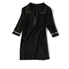 ファッション女性のニットウェア早春の小さな香りの良い風のアイスシルクトップラペルジッパーブラックTシャツ210520