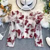 Sexy Embroidered Butterfly Flower Mesh Shirt Elastic Female O-Neck Long Puff Sleeve Crop Top Perspective Zipper Blouses Shirts 210416