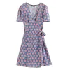 Розово-синее платье с V-образным вырезом и короткими рукавами с поясом и запахом Мини-летнее мини-платье в стиле ампир с цветочным принтом D0668 210514