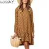 Vrouwen herfst polka dot mini jurk casual lange mouw ronde hals losse ruches golfpunt boho strand dunne korte vestidos 210507