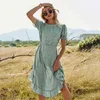 Boho sommar lång klänning kvinnor blommig tryck strand semester casual grön sash kvinnlig sundress 210427