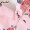 Foridol Floral Impressão Rosa Vestido de Verão Mulheres V Vintage Vintage Beach Beach Vestido Ruffle Layered Austrália Mini Boho Boho Sundress 210415