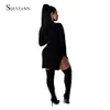 Turtleneck Bodycon Inverno Malha Mulheres Camisola Vestido Flare Manga Botão Decoração Vestido Preto Feminino Sexy Split Vestidos 210709