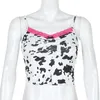 Sweet Pink Lace Patchwork Cow Print Y2K Sommar Camis Top med tunn band Baklösa Ny Trend Ärmlös Runched Cropi 210415