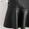 Femmes Vintage Side Lace Up PU Cuir A Line Jupe Faldas Mujer Femme Back Zipper Chic Hem Ruffles Robes QUN709 210416