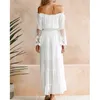 Moda Off Ramię Biała Koronkowa Dress Lady Koszula Z Długim Rękawem Dorywczo Eleganckie Midi Robe 210427