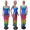 Colorblock imprimer évider mode robes sexy pour les femmes sans manches col rond cheville longueur robe mince femmes 210521