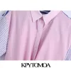 Vrouwen mode patchwork gestreepte losse blouses korte mouw knop-up geknoopte zoom vrouwelijke shirts chique tops 210420