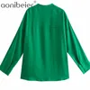 Green Loose Shirts Summer Drop Shoulder Long Sleeve Women Blouses Button-Up Chest Pocket Casual Shirt Female Tops 210604