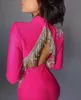 Celebrity Bandage Dress Rosso violaceo Maniche lunghe Diamanti senza schienale Nappa aderente Mini Abiti eleganti vintage Rayon Shinny Party
