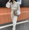 L Höst Långärmad Lapel Kvinnor Casual Jumpsuits High Waist Corduroy Rompers Overaller Solid Office Lady 210525