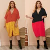 Plus Size Shirt Dress for Women Spring Summer Single-Breasted Lapel Half Sleeve Color Block Casual Clothes 210517