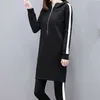 I lager Slim Black Hoodie Set Plus Size Stripe Side Casual Two Piece Zipper Long Hooded Sweatshirt + Pant 210930