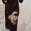 VUWWYV Black Contrast Phoenix Embroidery Dress Women Long Kimono Vintage Wrap Maxi Woman Full Sleeve Belt es 210430
