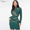 Summer Long-Sleeved Green Lace Bandage Dress Women Sexy Hollow Club Mini Celebrity Party Vestidos 210527