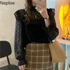 Neploe Donne Camicette Patchwork Polka Sweet Blush Roffles Tops Blouse coreano Stand Neck Flare Sleeve BlusAS Top Femme 4H138 210422