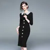 Panie Czarne Vintage Bodycon Sukienka Jesień Zima Szczupła Długie Rękaw Koronki Patchwork Collar Robe Kobiety Office Suknie Vestidos 210525