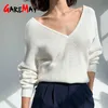 Pull surdimensionné pour femmes tricoté automne hiver col en V bleu pull en tricot épais à manches longues blanc chaud chandails pour femmes 210922