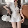 Summer Fashion Two Piece Set Women Sweet Lace Lapel Puff Sleeve Embroidery Shirt Top + High Waist A-Line Mini Skirt Suit 210519