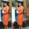 2021 Vintage Mother Of Bride Dress Tea Length V Neck Three Quarter Sleeves Orange Full Lace Sheath Vestidos Plus Size Formal Wedding Guest Dreses