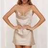 Sexy Champagne Satin Party платье ночной клуб Женщины без рукавов летнее сарафан Sundress твердое вещество для тела женщины 210426